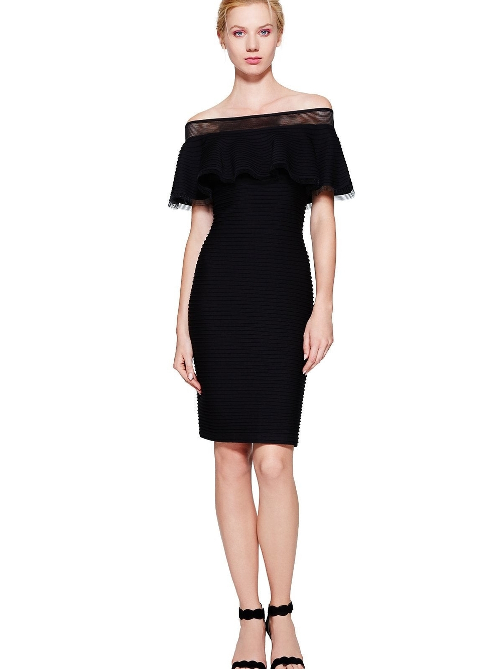 Tadashi Shoji Tabora Off-The-Shoulder Pintuck Dress Black Size S